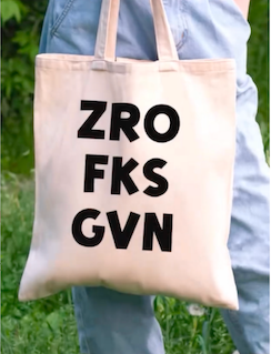 Personalised Tote Bag with text 'ZRO FKS GVN'.