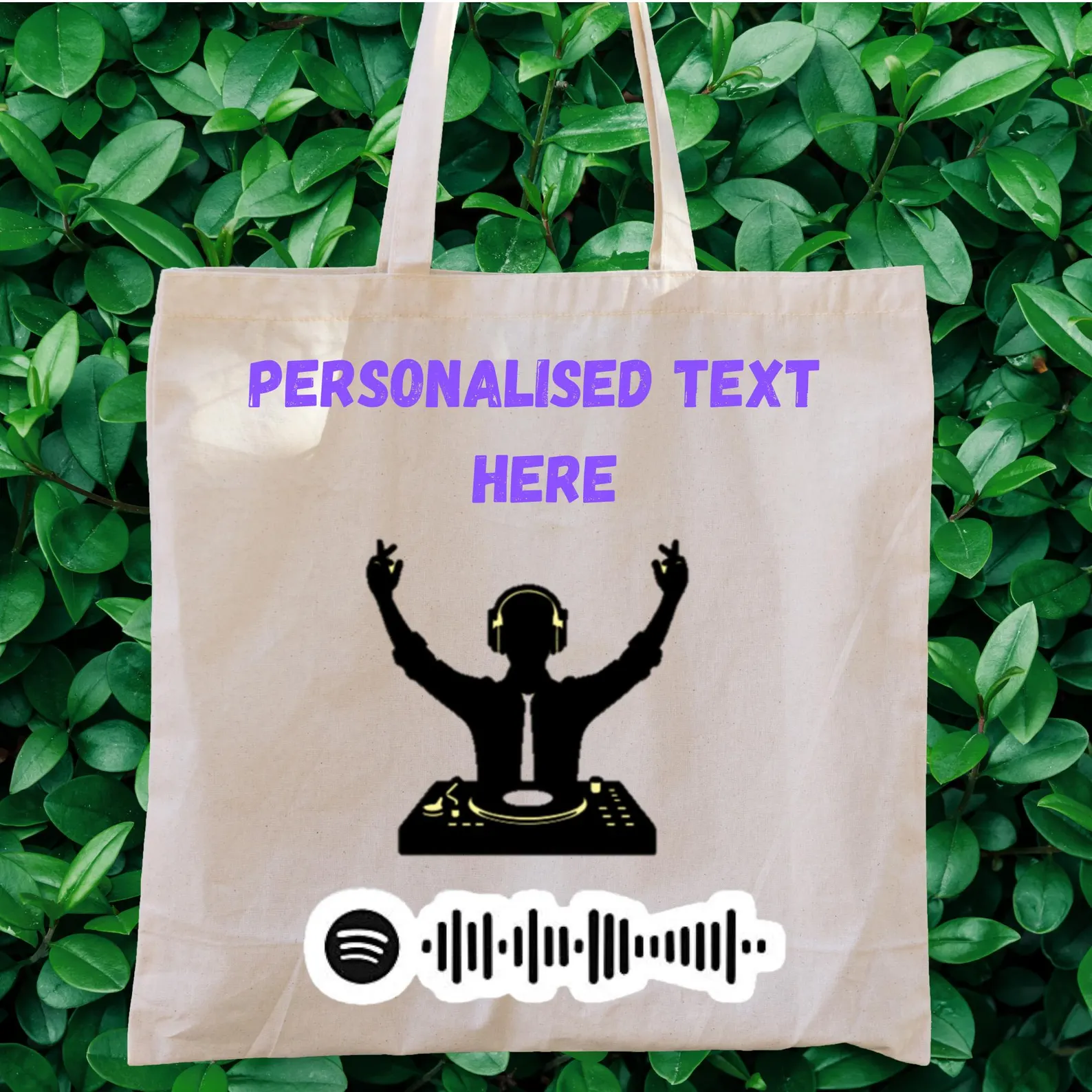 Tote Bag with personalised text, a printed silhouette of a dj dancing with dj decks and spotify code to a song underneath.